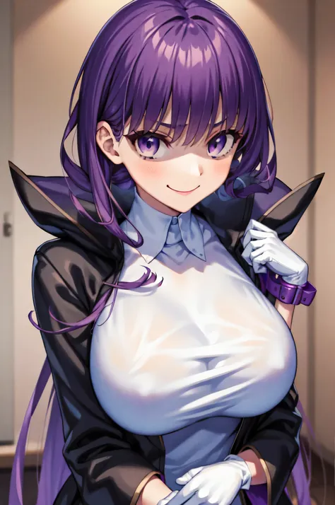 isoscale, mid shot,  night, ,,, purple hair, black jacket, , red ribbon, big breasts, purple eyes, white gloves, long hair, larg...