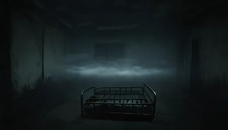 Night,  ominous atmosphere , horror, fog, empty room, metal bed