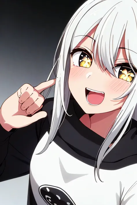 obra prima、 、(1 em:1.2)、,  Best quality,  white hair,   Yellow Eyes , Wearing a black sweatshirt, cute girl, His expression is solemn, Cara sexy, She has a cute and expressive face, Hard chest.8K、Ai Hoshino、Sombreros🧢s, with a black sweatshirt, cute girl, ...