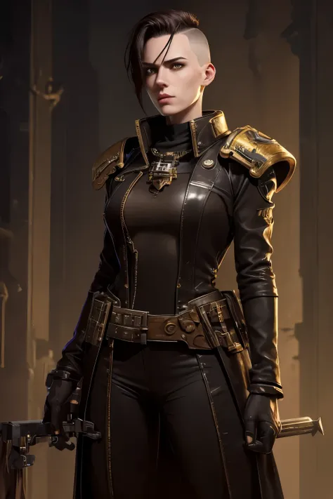 warhammer 40k setting: a h young female noble with very short dark-brown undercut. shaved sides. tomboyish. androgynous. slim. w...