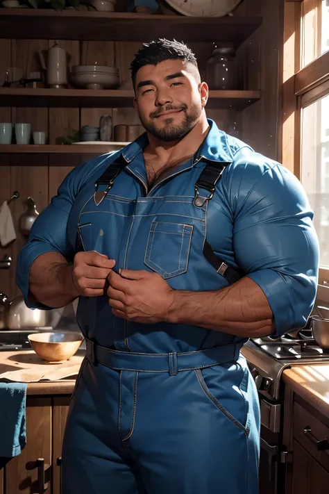 ((upper body:0.8)),A portrait full body photograph, strong burly hairy mature 40years Mongolian man, A tractive mid age Mongolian,Round face:2,heavy worker, hard worker, balg Strong, muscular, hairy big belly,((looking at viewer)),((((detail eyes)))), ((blue coveralls)),((blue work uniform)),Balanced lightning,room,Natural standing pose,very short hair, very short goatee, epic realistic, photo, ((((hdr)))), intricate scene, thick public hair, NSFW, Large body, wild plump uncle, a mature adult, facial hair, thick body, muscular, bulky, ((Slightly smile expression)),Friendly attitude,(perfect body proportions : 1.2), a mature adult, bare foot, 8K quality, photo