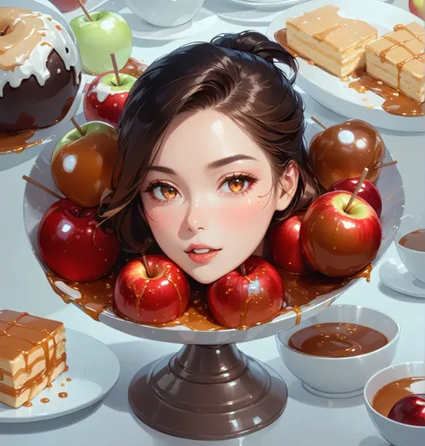 masterpiece,  beautiful illustration,  caramel apples ,  caramel apples ,  shiny apples , lots of caramel ,  apples sprinkled with caramel,  red caramel , red apples, glare