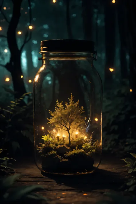 a dimly lit enchanting forest at night, mason jar glowing with ethereal fireflies, mesmerizing otherworldly atmosphere, highly d...