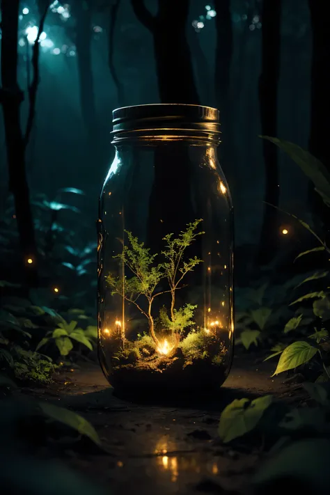 a dimly lit enchanting forest at night, mason jar glowing with ethereal fireflies, mesmerizing otherworldly atmosphere, highly d...