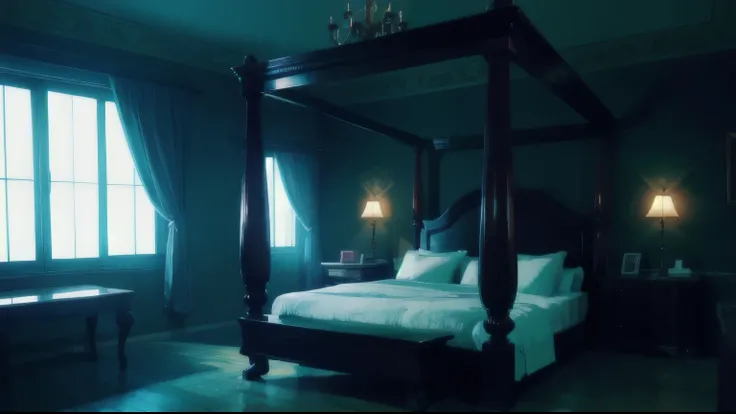 Night,  ominous atmosphere , horror, fog,  aristocrat room,   bed