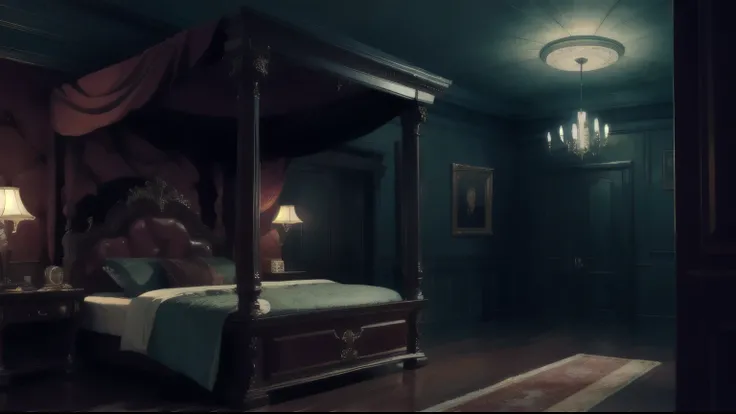 Night,  ominous atmosphere , horror, fog,  aristocrat room,   bed, table, cabinets