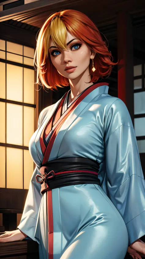 joanna dark, short hair, red hair, blonde hair, blue eyes, (((sexy kimono))), (((tanned skin))), ((fit body)), photorealistic, m...