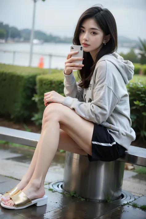  Best Quality , ( Realistic Details ), 16k,  Ultra HD,  high resolution ,  gentle focus , grace, Full body portrait, Rainy Day,  Walking in the crowd, Holding the phone in his right hand, Beautiful,  mature, very young, Attractive,  Has a Delicate Perfect ...