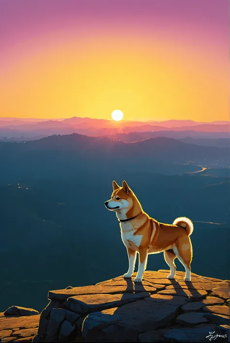  Lisa Keen-style Shiba Inu by Emmanuel Siu and Alena Aenami,  Tintins adventurous taste 、Artistic painting、Stand on a hill with the sunset in the background