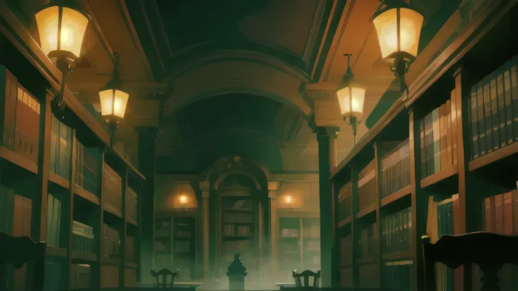 Night,  ominous atmosphere , horror, fog,  aristocrat room, library, one table