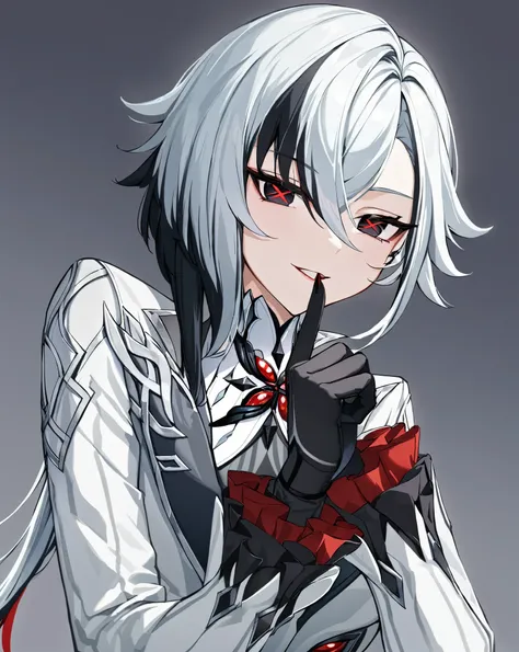 best quality, masterpiece,lora:arlecchino_new:1>ï¼parted_lips, sidelocks, turtleneck, black_gloves, x-shaped_pupils, :d, looking_at_viewer, simple_background, highres, english_commentary, finger_to_mouth, index_finger_raised, solo, grey_background, 1girl,...