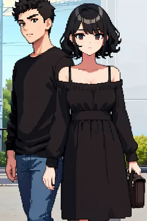 couple face, girl with black hair and black clothes, boy with short curly black hair