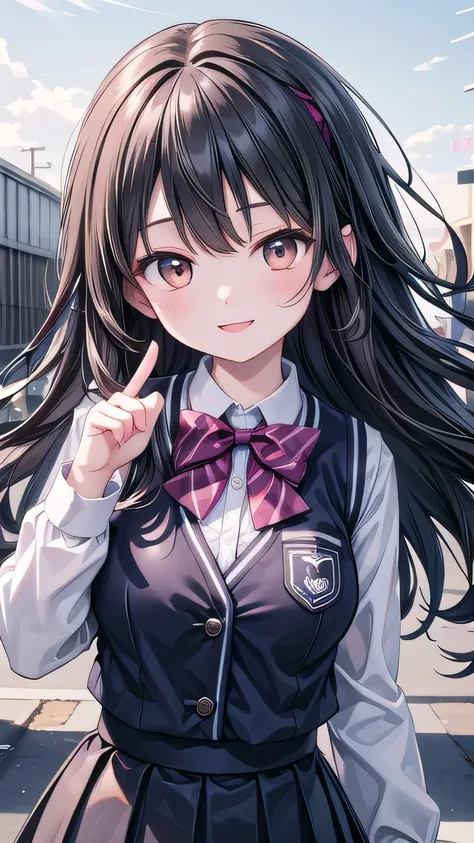 a girl, kawaii pose,20 years old,long hair,black hair, head band,brown eyes,medium breast,cheerful, smile,schoolgirl,dark blue vest, long sleeves shirts,pleated skirt,bowtie,outdoors,school,flowing wind, Best Quality, High resolution, Extremely detailed, D...