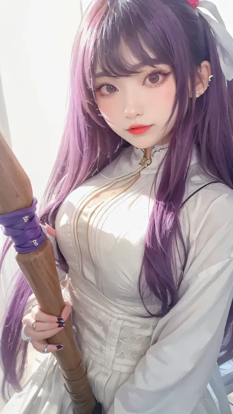 Ultra-detailed、Hanfu Chinese female celebrity wearing a tight full-body white dress holding a wooden staff, red lips, long shiny purple hair, perfect bangs, attractive beauty, long black eyelashes, seductive young skinny woman、pretty thin woman、piercing ey...