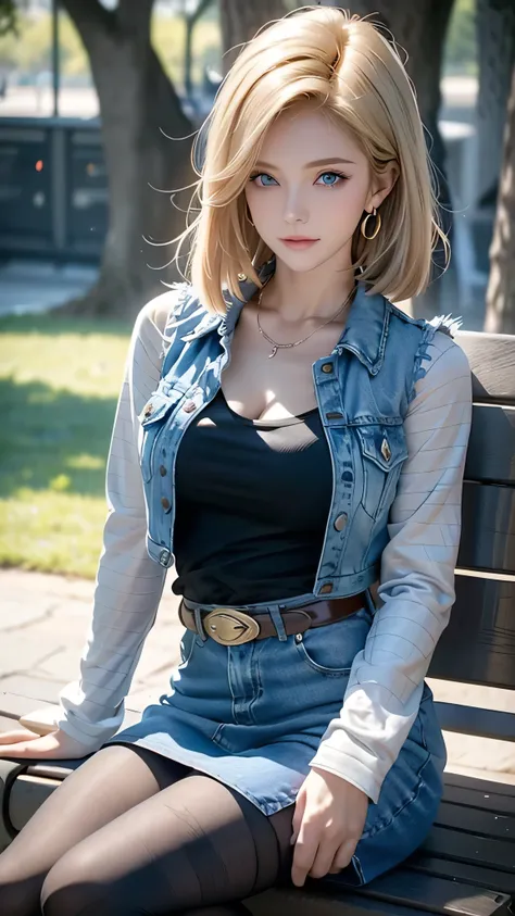 Android 18, Light Blonde hair, Medium hair shaggy cut for women, Blue Transparent eyes of Slavic Caucasians, She has sexy double eyelids above and below her eyes, The flash in the eyeballs is brilliant, She is not wearing any jewelry such as a necklace aro...