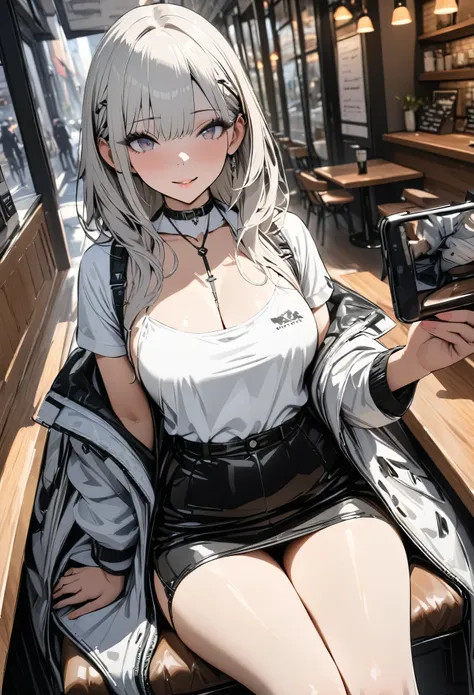 (masterpiece,  best quality :1.2,UHD,High Resolution,Detailed depiction)、Dating an adult older sister、 sexy lips、 beautiful eyes、White jacket、 Black Tight Miniskirt 、White knee-high boots、Take a picture so that the whole body is inside、sitting cross-legged...