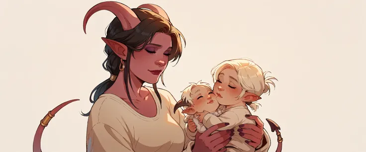 score_9, score_8_up, score_7_up, score_6_up, sw4p, 1girl, Tiefling woman holding a baby, mother and , tiefling horns, tiefling tail, simple background, elixolsn, motherhood, tender scene