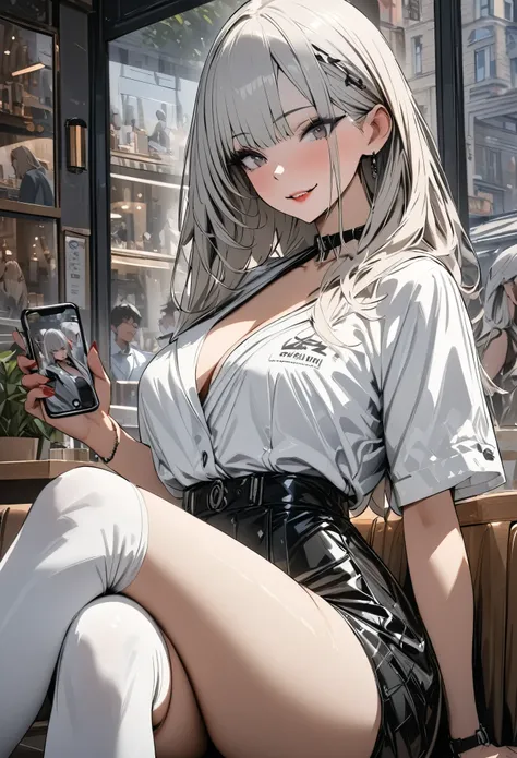 (masterpiece,  best quality :1.2,UHD,High Resolution,Detailed depiction)、 dating an adult older sister、Red lipstick、 sexy lips、white sexy outerwear 、 black tight skirt、White knee-high boots、Take a picture so that the whole body is inside、 sitting cross-leg...
