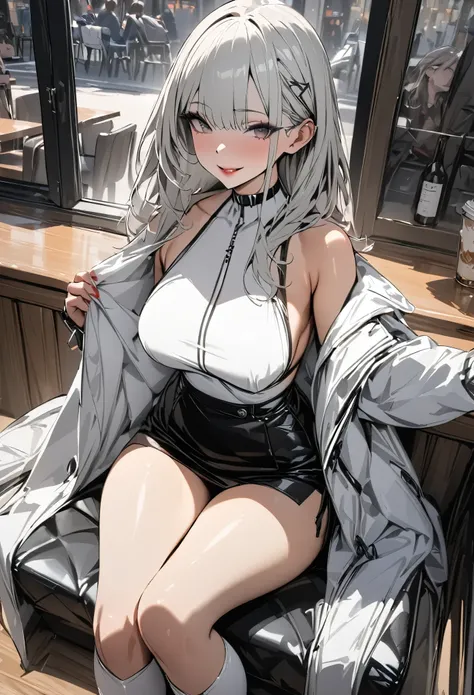 (masterpiece, best quality :1.2,UHD,High Resolution,Detailed depiction)、 dating an adult older sister、Red lipstick、 sexy lips、white sexy outerwear 、 black tight skirt、White knee-high boots、Take a picture so that the whole body is inside、sitting cross-legg...
