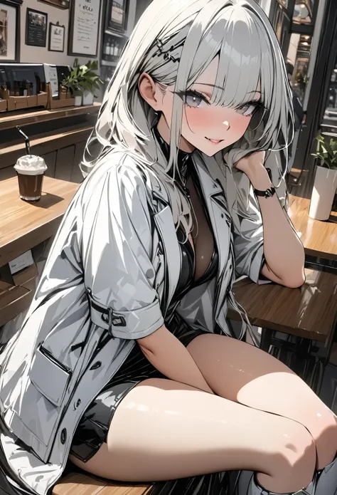 (masterpiece,  best quality :1.2,UHD,High Resolution,Detailed depiction)、 dating an adult older sister、 sexy lips、Eyes draw beautifully 、White jacket、 Black Tight Miniskirt 、White knee-high boots、Take a picture so that the whole body is inside、 sitting cro...