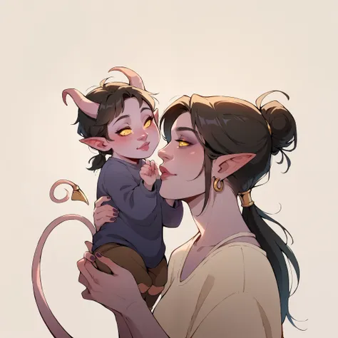 score_9, score_8_up, score_7_up, score_6_up, sw4p, 1girl, tiefling woman holding a baby, mother and  , tiefling horns, black hai...