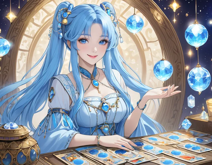  Light Blue Long Hair 、 Beautiful Girl with Twin Tails 、Smiling Tarot Fortune Teller 、Fortune teller costume、 A round crystal emits light on the table、 lots of tarot cards