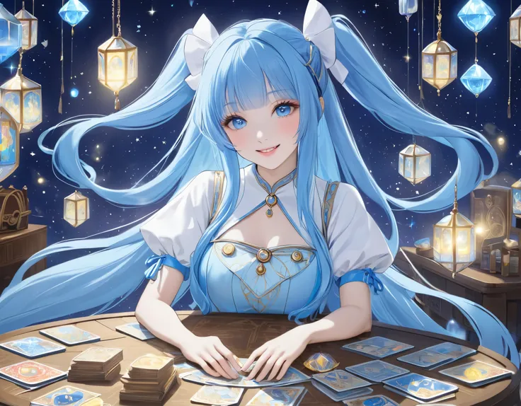  Light Blue Long Hair 、 Beautiful Girl with Twin Tails 、Smiling Tarot Fortune Teller 、Fortune teller costume、 A round crystal emits light on the table、 lots of tarot cards