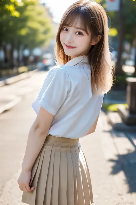 ( best quality,masterpiece, super detailed,8k, RAW Photos,Realistic, high definition :1.2),( cute Japanese girl ),(Super huge :1.4),( light brown hair ),( school uniform, white shirt, Pleated Skirts:1.4),( voluminous :1.5),(Shoulder length),( smiles lightl...