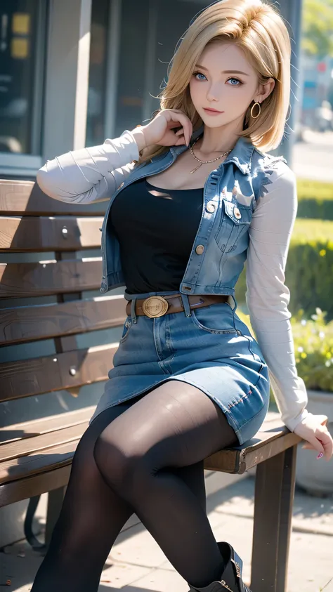 Android 18, Light Blonde hair, Medium hair shaggy cut for women, Blue Transparent eyes of Slavic Caucasians, She has sexy double eyelids above and below her eyes, The flash in the eyeballs is brilliant, She is not wearing any jewelry such as a necklace aro...