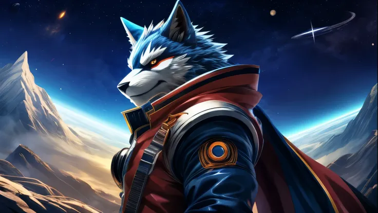 furry, male, anthro, (Wolf Tail), Solo, (Realistic eye details:1.2), (beautiful detailed eyes), anime character there is a Wolf man in a space setting with a planet in the background, dapper dream demon, best anime 4k konachan wallpaper, official artwork, ...