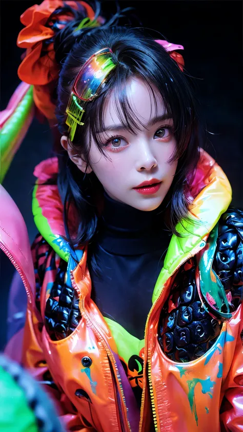 glow in the dark, paint splatter, Captivating psychedelic surreal neon amazing universe beautiful gorgeous women in a bright colorful neon light, Mark Ryden, Daniel Merriam, Bright neon colors in the style of Frank Frazetta and Boris Vallejov, fashion clot...