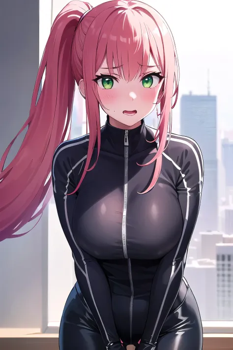 1girl,Samus aran,solo,green eyes, pink hair, High-collared bodysuit with intricate lace detailing, deep red lipstick, sleek high ponytail, city skyline at dusk, confident and sultry gaze, powerful and elegant stance,cowboy shot,blush,,ultra-detailed,sharp ...