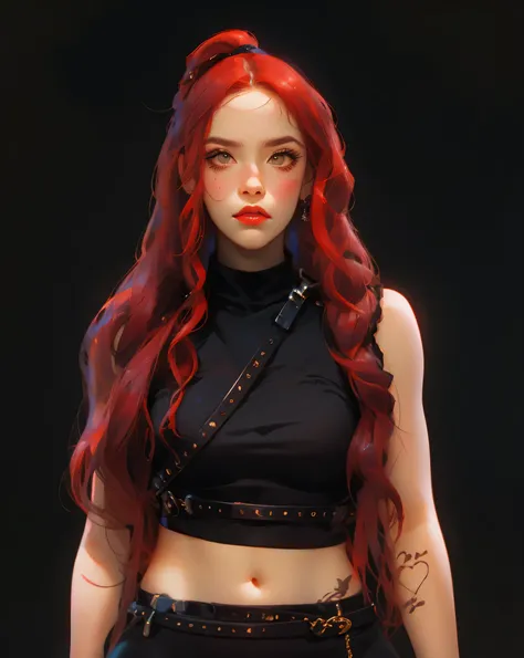 a close up of a woman with red hair and a black top, portrait of maci holloway, kaitlyn michelle siragusa, photo still, aggressive look, taken in the early 2020s, arian mark, corinne day, long view, crimson - black beehive, kailee mandel, crimson hair, kat...