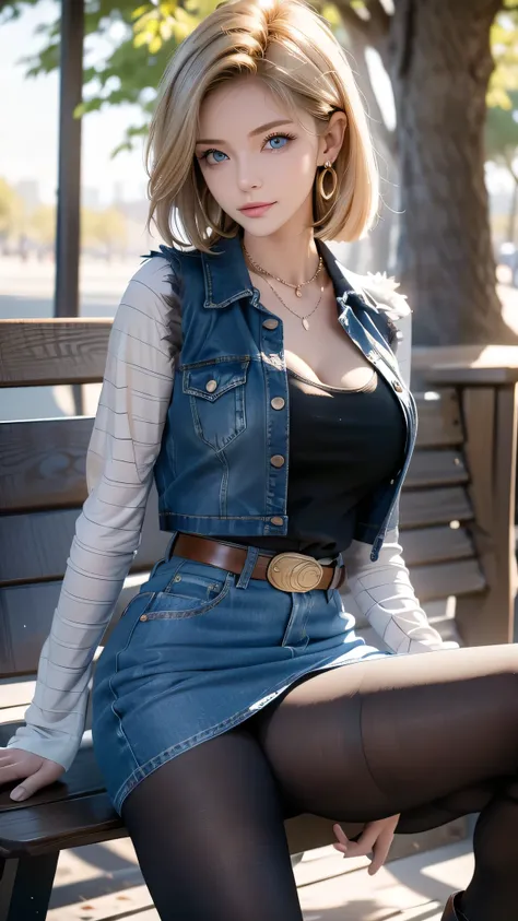 Android 18, Light Blonde hair, Medium hair shaggy cut for women, Blue Transparent eyes of Slavic Caucasians, She has sexy double eyelids above and below her eyes, The flash in the eyeballs is brilliant, She is not wearing any jewelry such as a necklace aro...