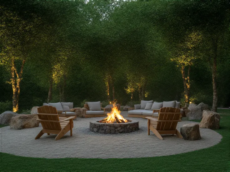 a barbecue with a fire pit in the center surrounded by armchairs, with trees, and stone, without people