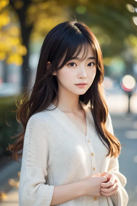 Create a detailed and lifelike portrait of a 27-year-old Japanese woman resembling Haruka Ayase. She is gracefully running her fingers through her hair, her expression calm and thoughtful. Her long, slightly wavy hair catches the light, adding texture and ...