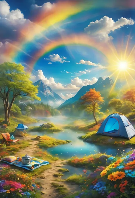  best quality, masterpiece, Outdoor camping in a furry dream world ,  I feel like Im walking on a carpet of colorful clouds, Smiling Sun, rainbow,  Fantasy 