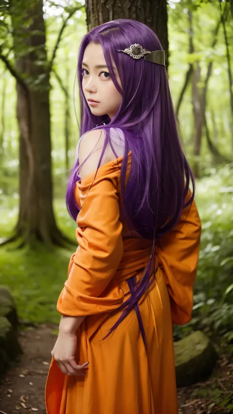  a mysterious female character 、 has long purple hair and a calm expression 。Im looking back、back、Wearing an orange and yellow robe、She wears sandals 、 Overall it feels like a fortune teller or wizard、forest、