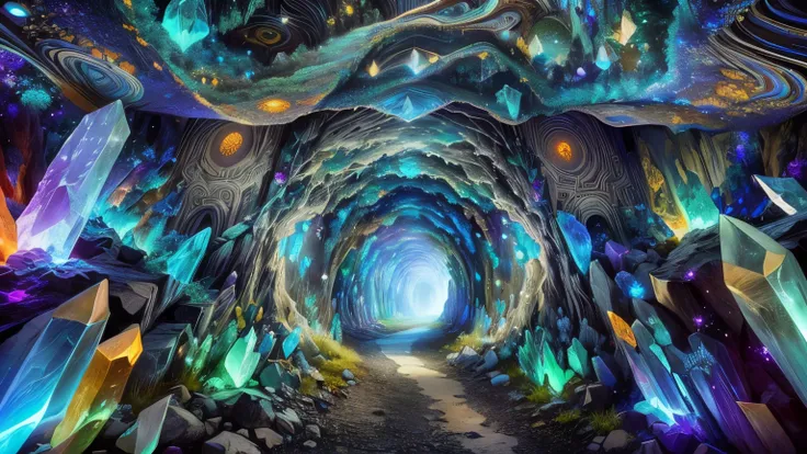 a close up of a tunnel with a lot of crystals on it, magic crystal bridge colorfully, glowing crystal cave, magical cave, tunnels lead to different worlds, cave glowing stones, mythical gigantic space cavern, cave crystals, mind-bending digital art, hyper ...