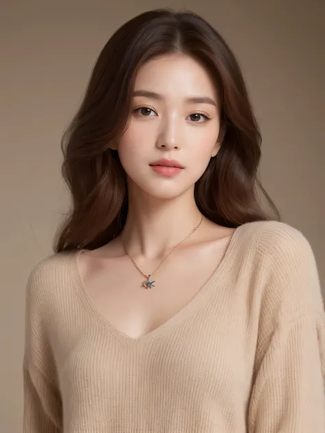 ( best quality, 8k, masterpiece: 1.3),  beautiful woman with perfect figure: 1.4,  dark brown hair , Wearing a pendant, I&#39;m in a cafe,  High Definition Face and Skin ,  detail eyes sitting on a coral reef,  double eyelid , (Big Breasts), (smile),( faci...