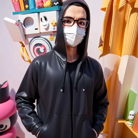 arafed man wearing a mask and glasses standing in a room, wearing all black mempo mask, wearing mask, wearing a mask, wearing bandit mask, wearing facemask, full mask, white man with black fabric mask, masked person in corner, surgical mask covering mouth,...