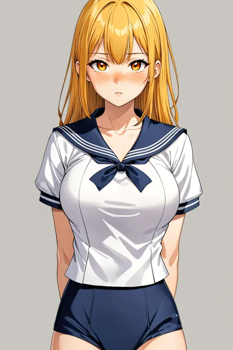 One young asian girl、Sailor suit, Excellent anatomy, masterpiece, bangs、freckles、high school girl、Slender、Slender body、sexy pose, yellow hair, big orange eyes, (anime), manga, 8ｋ, yellow hair, orange eyes, arms behind back, big breasts, cleavage, (solid ba...