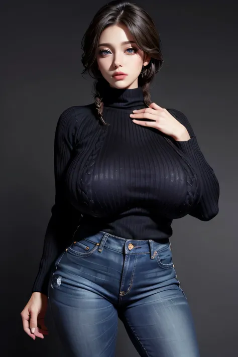 highest quality Ultra-high resolution, 8k, RAW Photos, Realistic: 1.3), 1 Female,One Girl, Braiding, single Braiding,(black short hair), (Milf, Motherly, Elegant, Bitch,),((((wearing black sweater))), (((tight jeans))) )),Detailed face:1.3), Showcase, (Per...