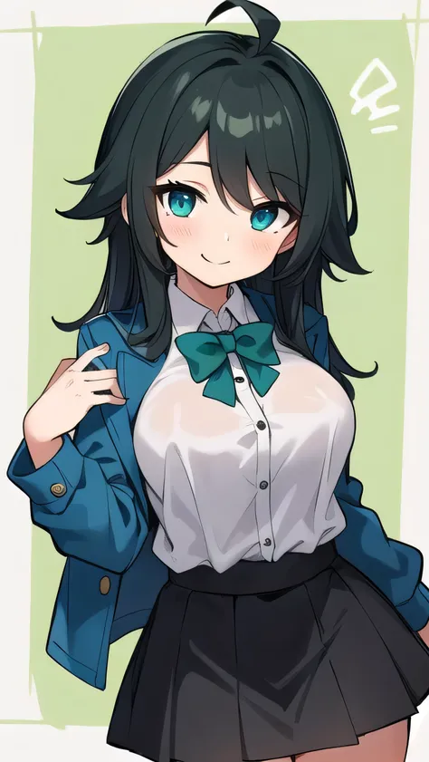 Junior high school student who looks like an elementary school student, , very short, 140 cm tall, black hair with a slight green tinge, short ahoge, beautiful long hair but with a little hair sticking out, beautiful round eyes, blue eyes, smile, boyish, l...