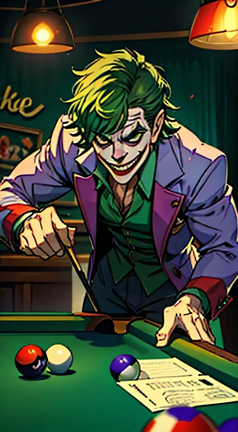 I would like an image of the Joker (from the DC Universe) playing billiards in a dimly lit bar or lounge. The Joker should have his trademark chaotic and mischievous expression, with his iconic green hair, white face, and red lips. The atmosphere should be...