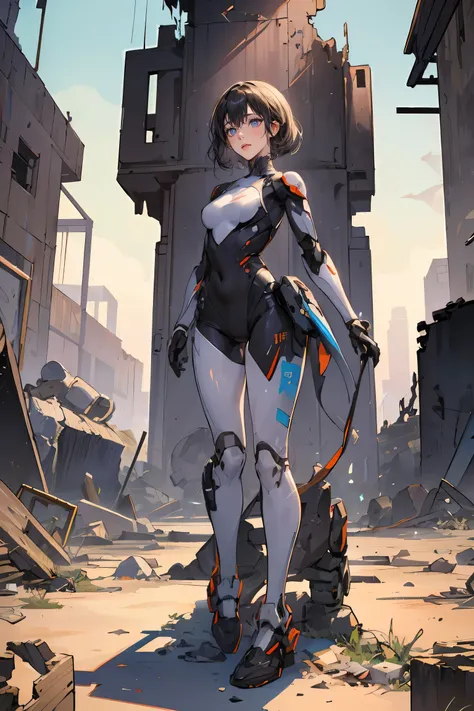 whole body, whole body,  from head to toe, 1 girl in a futuristic robot suit, Background of a ruined town in the near future,Robot wreckage