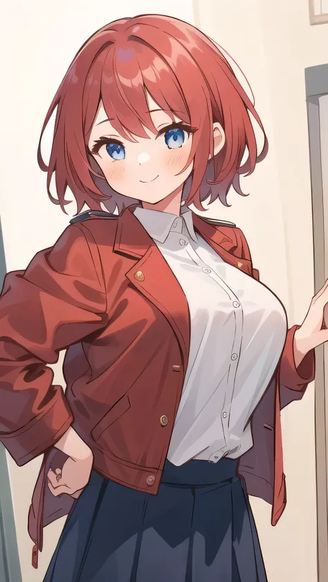 (1girl:1.8), (little female :1.8), ((((little female )))) ((toddler)) ((preschooler)) ， ,(very short:1.5), (red hair:1.3), blue eyes, droopy eyes, (red jacket:1.3), long sleeves, navy skirt, (super big breasts:1.4), (medium hair: 1), baggy clothes,young fa...