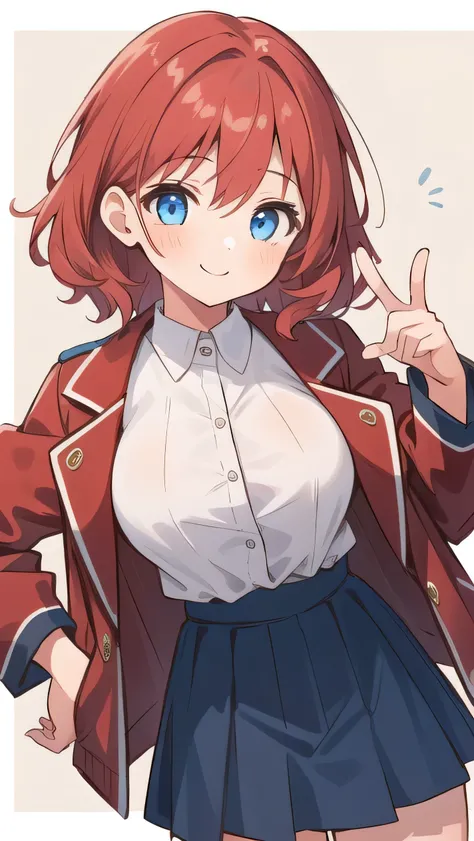 (1girl:1.8), (little female :1.8), ((((little female )))) ((toddler)) ((preschooler)) ， ,(very short:1.5), (red hair:1.3), blue eyes, droopy eyes, (red jacket:1.3), long sleeves, navy skirt, (super big breasts:1.4), (medium hair: 1), baggy clothes,young fa...