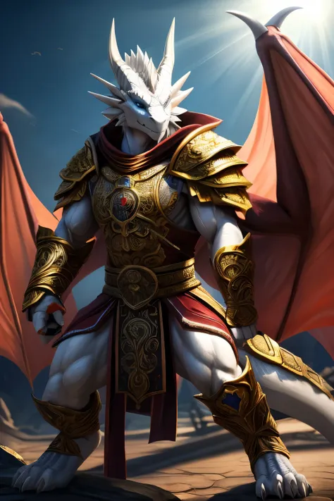 kemono, (dragon), anthro,male,((white body)),wings,blue_eyes,8K,sword,ornate armor(The elaborately crafted coat of arms of a nobleman),ultra high resolution,surreal,clear eye description, muscular body,waist armor,fighting_stance,character art, action pose...