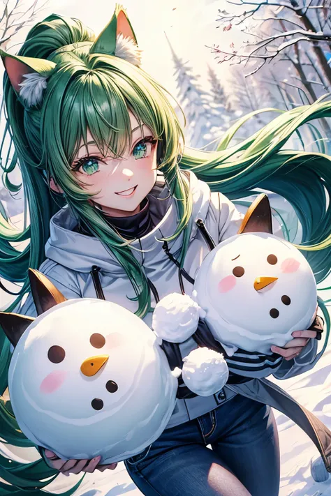 Best Quality, High Quality, Perfect Proportions, Cat Ears, Front View, Ponytail, Shiny Hair, Green Color Hair, Forest, Snow, Snowman, Gradient Eyes, Front View, Long Sleeves, Coat, White Trainers, Jeans, Smiling, Winter
